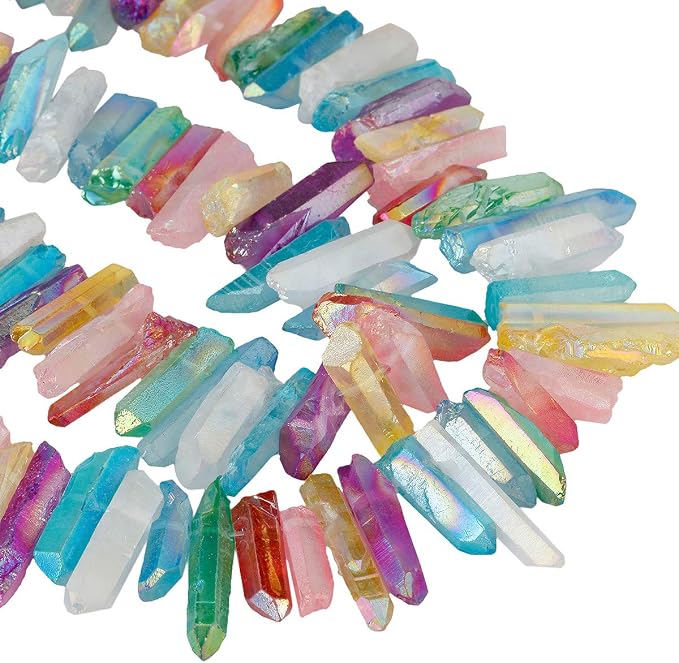 SUNYIK Assorted Color AB Aura Titanium Coated Crystal Points Quartz Rough Sticks Spikes Point Beads 15 inch Strand Drilled