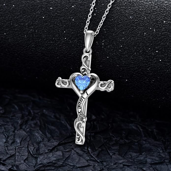 TOUPOP Cross Birthstone Necklace for Women 925 Sterling Silver Heart Cross Pendant I Love You Jewelry Anniversary Birthday Mothers Day Gifts for Mom Wife Her