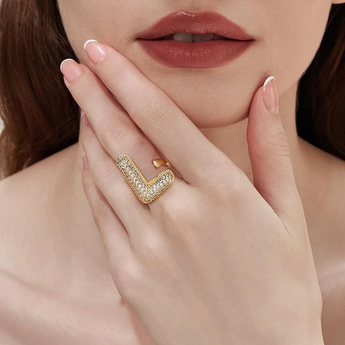 Cicy Bell Initial Rings for Women 14k Gold Plated Cubic Zirconia Delicate Letter Chunky Statement Open Rings Gifts for Her