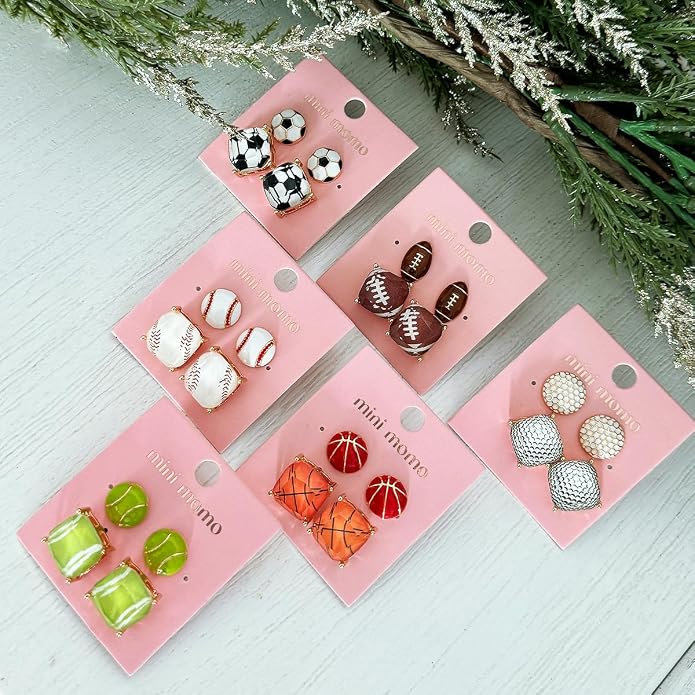 Sports Earring Set for Women Multi Pairs Assorted Multipack - Stud Earrings Jewelry Gift for Sports Mom Football, Baseball, Basketball, Soccer Team