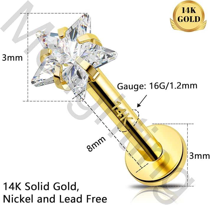 Melighting 14K Solid Gold Cartilage Earring - 16G Gold Heart Flat Back Earring - Star Helix Piercing Jewelry - Internally Threaded Curved CZ - 8mm
