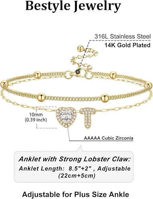 Bestyle Initial Anklet Bracelets for Women Waterproof Non Tarnish 14K Gold/White Gold Plated CZ Anklets for Women Dainty Layered Letter Heart Ankle Bracelets Adjustable Foot Chain Anklet