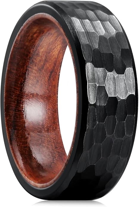 King Will 6/8mm Wedding Band for Men, Silver/Black Hammered Titanium Wedding Ring Inlaid Wood Inner Hole, Wedding Band for Men Matte Brushed Comfort Fit 7-14