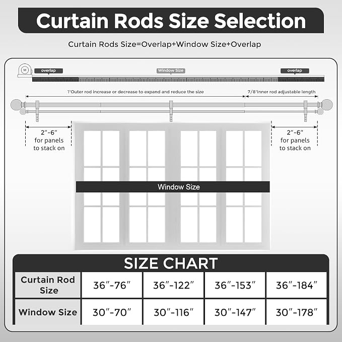 Boho Decorative Double Curtain Rod, 36-122 Inch, Matte Black | Handmade Leaf Finials, Heavy Duty Adjustable Long Rustic Metal Dual Layer Curtain Rods, 40 lb Capacity, Easy to Install