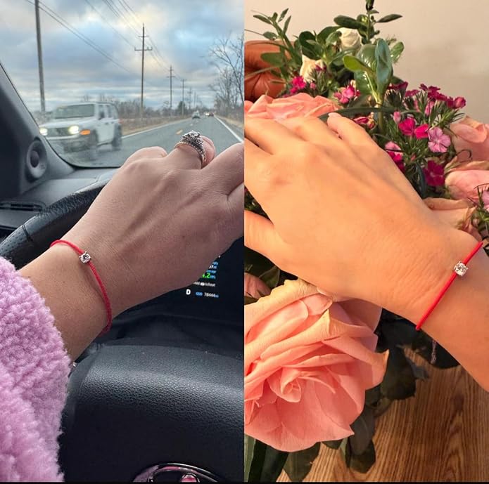 Red String Bracelet for Protection with GRA Certified Moissanite & 925 Sterling Silver, Adjustable Lucky String of Fate Bracelet, Good Luck Gift for Women