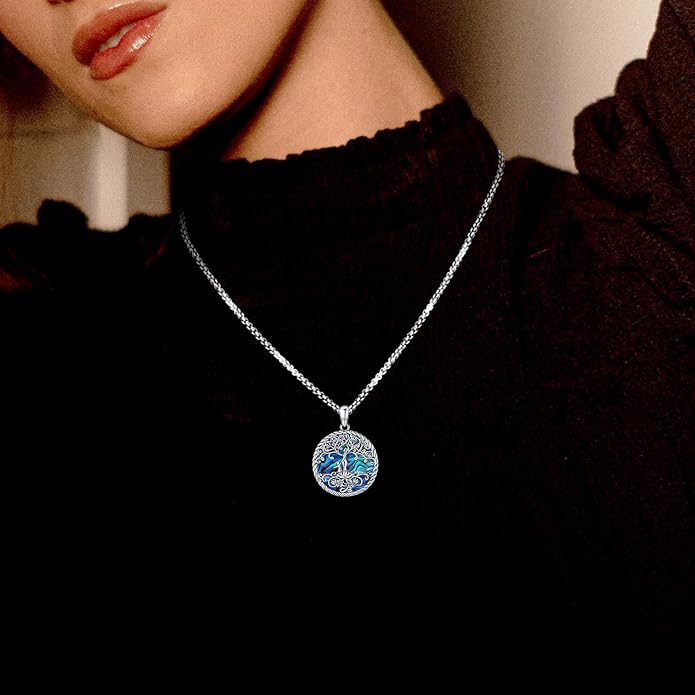 Tree of Life Necklace for Women Sterling Silver Celtic Moon Tree Moonstone Turquoise Pendant Heart Family Tree Necklace for Mother Daughter Sister Gifts