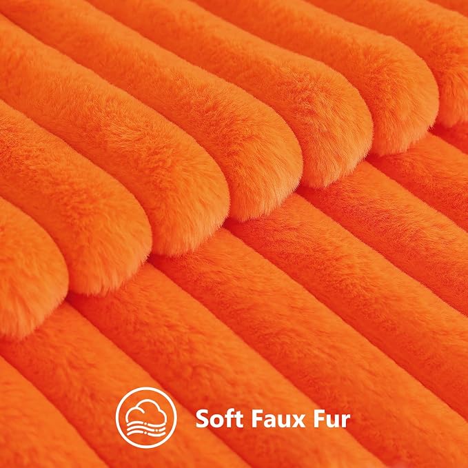 decorUhome Fall Faux Fur Throw Pillow Covers 12x20 Set of 2 Orange | Decorative Soft Cozy Striped Plush Modern Farmhouse Boho Couch Pillow Cases Velvet Back for Sofa Bed Living Room Home Decor