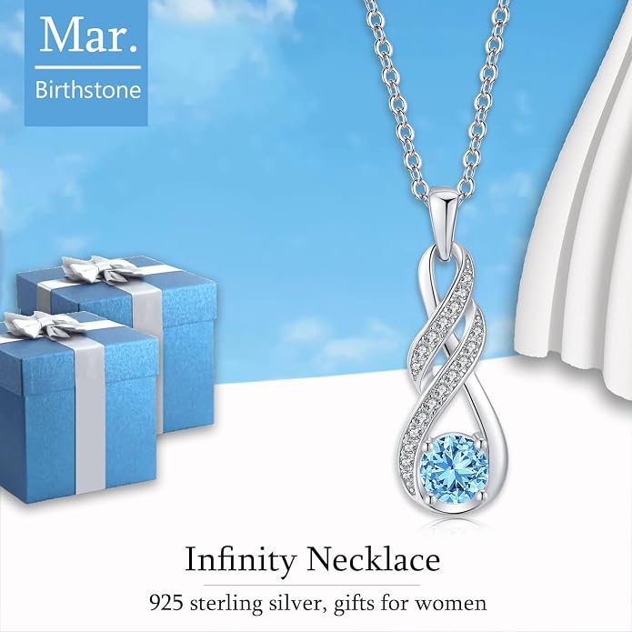 Birthstone Necklaces for Women 925 Sterling Silver Infinity Pendant Created Gemstone Jewelry for Her, 16"+2"