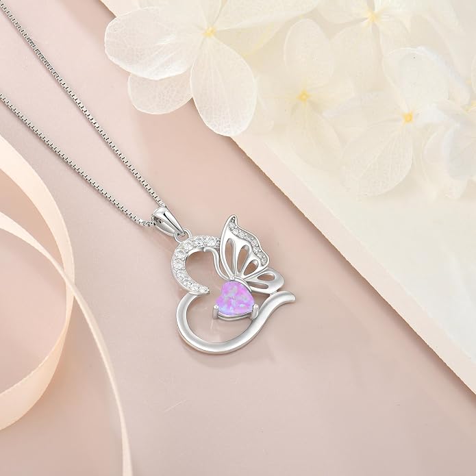 Butterfly Necklace for Women 925 Sterling Silver Heart Pendant Birthstones Jewelry Gift