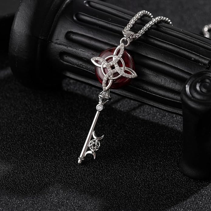 Natural Moonstone Crystal Key Necklace for Women, Retro Triple Moon Key Healing Crystal Wiccan Pagan Jewelry Gift