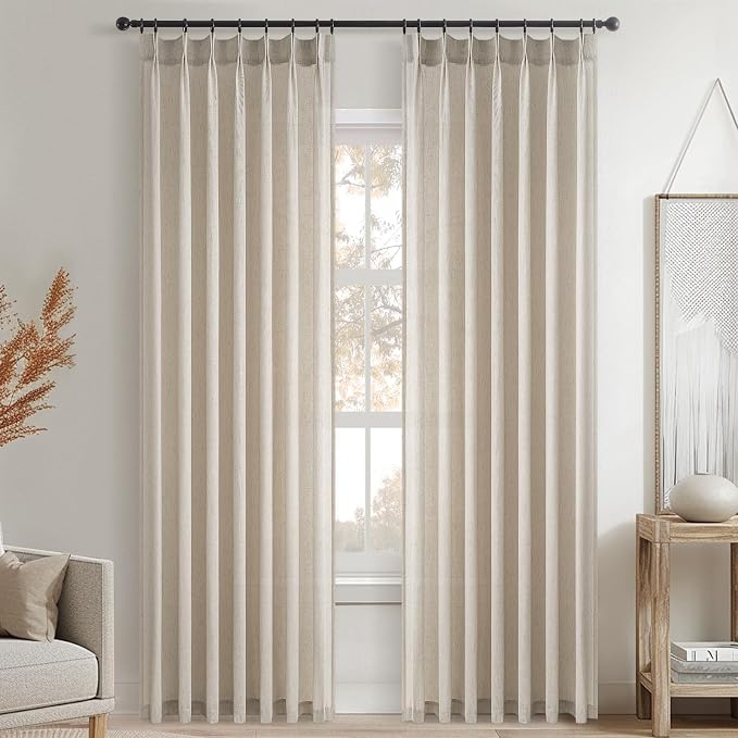 Pinch Pleated Linen Curtains 108 Inches long for Living Room 2 Panels Set Oatmeal Flax Pleat Drapes Back Tab Semi Sheer Fall Cozy Boho Ceiling to Floor 108 Inch Curtains for Bedroom Window,9FT