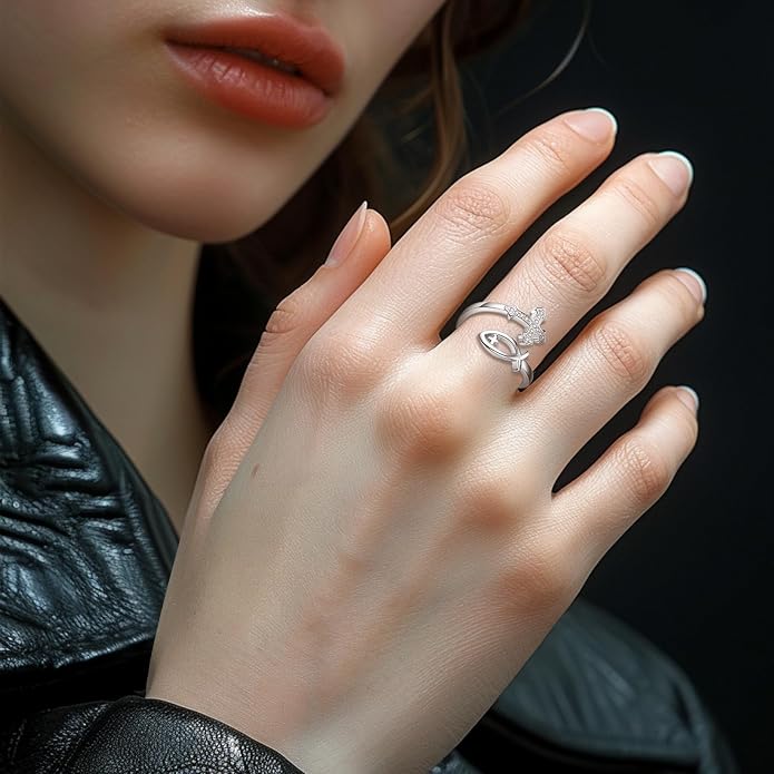 Vito 925 Sterling Silver Adjustable Open Spoon Ring for Women Men, Lotus Sunflower Snake Spoon Band Rings Feather Hug Witches Knot Inspirational Jewelry Gift for Wife