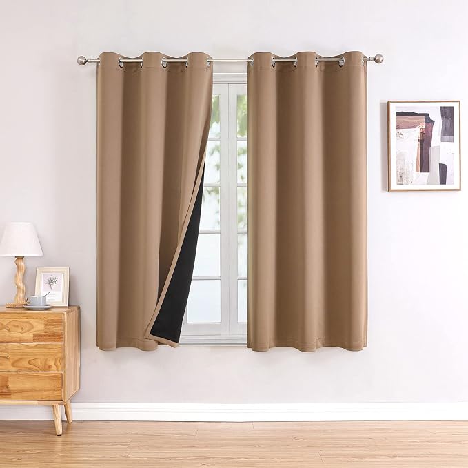 ChrisDowa 100% Blackout Curtains for Bedroom 63 Inches Long 2 Panels Set | 2 Thick Layers, Thermal Insulated, Light Blocking, Grommet, Window Treatment, Living Room Drapes, Cappuccino, 38 x 63 Inch