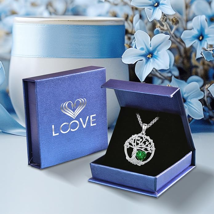 Birthstone Tree of Life Necklace for Women Heart Crystal Pendant Silver Plated Birthday Anniversary Jewelry for Wife, Mom, and Her