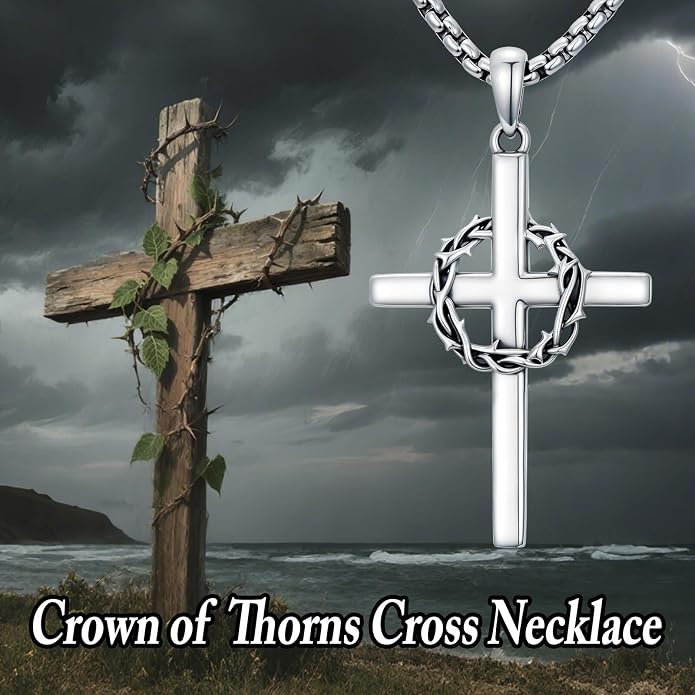 Crown of Thorns Necklace for Men 925 Sterling Silver Nail Cross Necklace Pendant Religious Christian Jewelry Valentines Day Gifts for Men