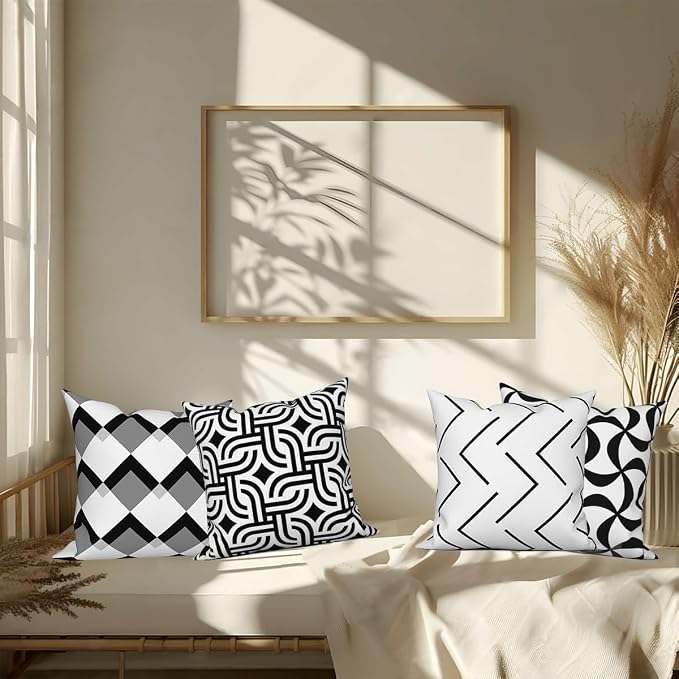 Black White Throw Pillow Cover 26"x26" Set of 4, Modern Art Irregular Geometric Stripes Patterns Cushion Cover for Sofa Chair Couch Bed Office Garden Patio Farmhouse Indoor Outdoor