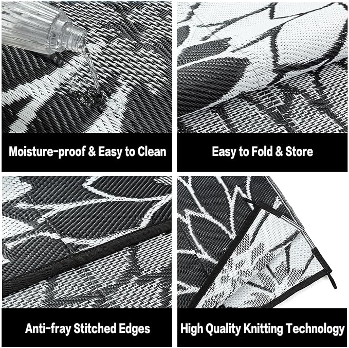 HUGEAR 6'x9' Outdoor Rug Waterproof Plastic Straw Rugs Black Reversible Floral Mat Floor Carpet for Camping RV Deck Entryance Porch Picnic Balcony Beach Backyard