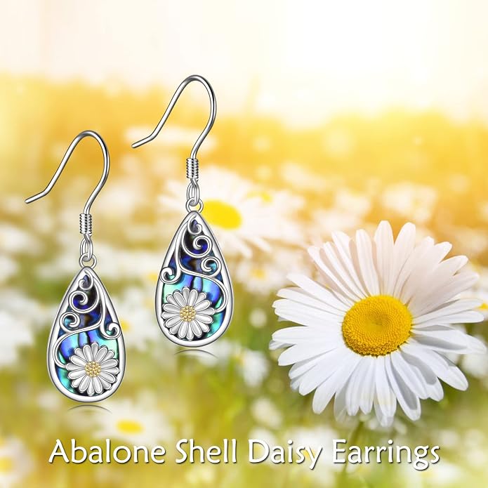 CRMAD Hummingbird/Bee/Leaves/Sunflower/Daisy/Dragonfly/Rose/Lotus Flower Sterling Silver Filigree Teardrop Earrings Abalone Shell Jewelry for Women