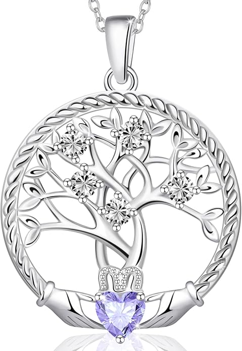 Birthstone Tree of Life Necklace for Women, 925 Sterling Silver Family Tree Pendant, Dainty Jewelry Birthday Mother's Day Valentine's Day Gifts for Her Mom Wife, 18"+2" Adjustable