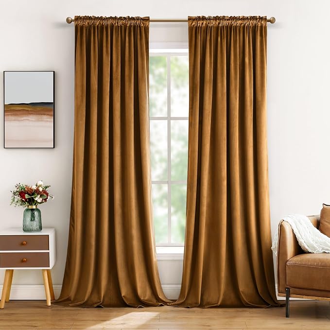 MIULEE Golden Brown Blackout Velvet Curtains Drapes 96 Inch Long 52"x96" | Luxurious Bedroom Living Room Decor, Room Darkening, Thermal Insulated, Rod Pocket Design, Super Soft Fabric