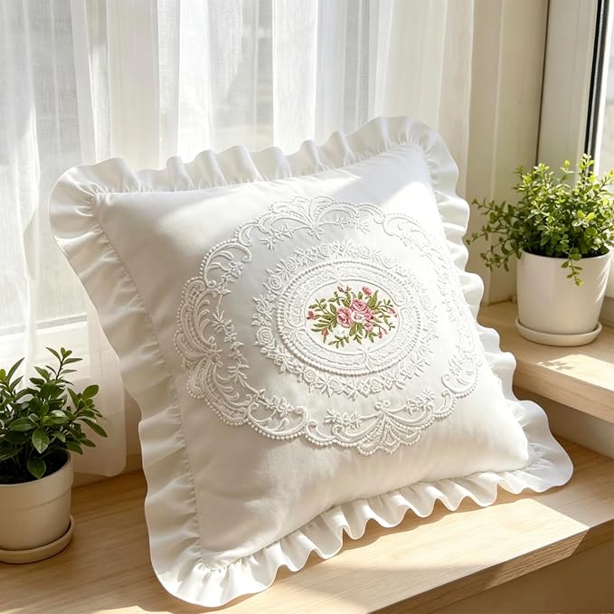 18x18 Pillow Covers, White Lace Square Cushion Cover 100% Cotton Throw Pillow Cover Pillowcase Set of 2, Decorative Cushion case,Handmade Pillowcase with Ruffles