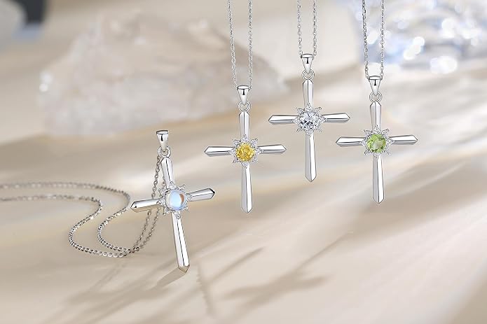 FANCIME Birthstone Cross Necklace for Women Sterling Silver Birthstone Necklace Halo Infinity Cross Pendant Necklace Fine Jewelry Valentines Day Gifts Birthday Holiday Gifts for Her, 16"+2" Inches