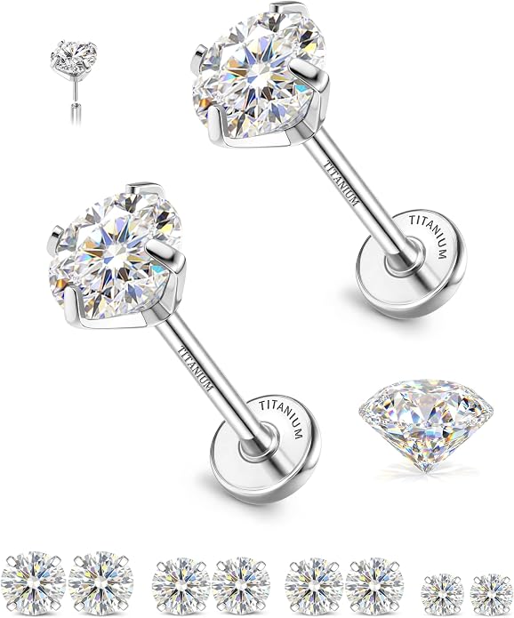 GEMQUEEN 8 PCS Moissanite ＆ Implant Grade G23 Titanium Nose Studs Flat Back Earrings Hypoallergenic : 14K Gold Plated Nose Rings 20G Push in Threadless Cartilage Helix Piercing Jewelry for Women Men