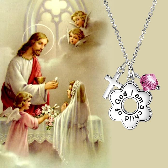 AOBOCO 925 Sterling Silver I Am a Child of God Daisy Necklace Jewelry Birthday Birthday Baptism Communion Gifts for Girls