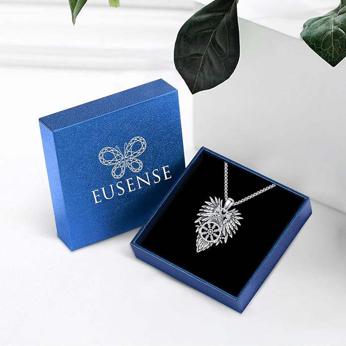 Eusense Viking Necklace for Men Women 925 Sterling Silver Pendant Thors Hammer/Norse Runes/Odin's Ravens/Wolf/Dragon/Snake/Yggdrasil/Freya/Helm of Awe/Valknut/Triskelion/Axe/Shield Viking Jewelry