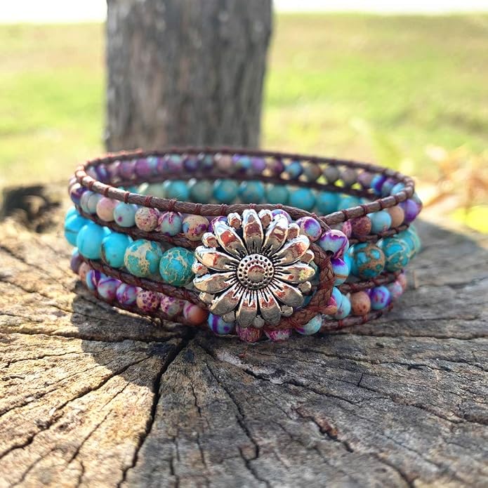 YGLINE Boho Handmade Natural Stone Bead 3 Row Wide Wrap Wrist Statment Bracelet Jewelry Collection