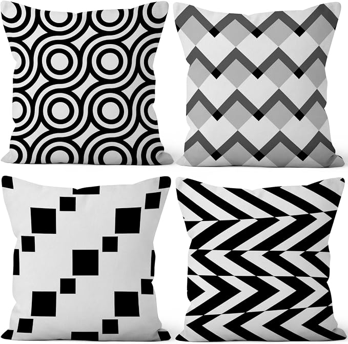 Black White Throw Pillow Covers Geometric Modern Abstract Grey Stripes Minimalist Art Boho Pattern 16x16 Set of 4 Cushion Cover for Outdoor Indoor Sofa Chair Couch Garden Patio Farmhouse