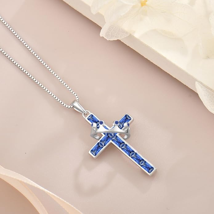 Gemstone Crown Cross Necklaces for Women, 925 Sterling Silver Rectangular cut Zircon Pendant With Rotated Crown Faith Cross Jewelry Gift