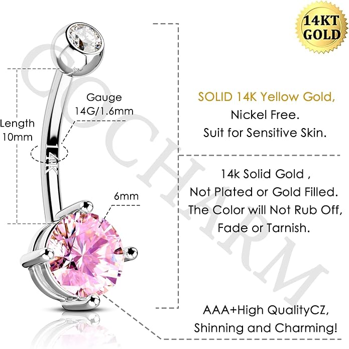 COCHARM 14K Gold Belly Button Rings for Women 14K Yellow Gold Belly Rings Round CZ Real Gold Belly Navel Piercing Jewelry