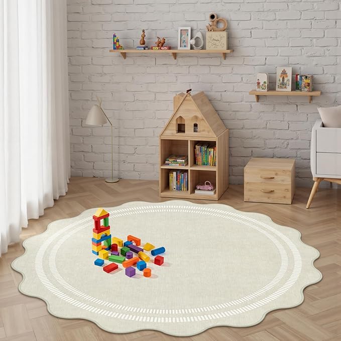 Area Rugs 5ft Living Room Washable Rug | Neutral Beige Soft Non Slip Rugs Ultra-Thin Indoor Carpet for Bedroom Dining Room Nursery Home Office