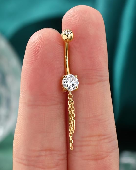 COCHARM 10K Gold Belly Button Rings, 10K Gold Belly Button Ring Dangling, 14G Gold Belly Piercing Jewelry Dangly