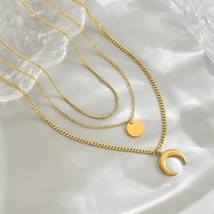 18K Gold Plated Layered Herringbone Necklaces for Women Dainty Layering Beaded Snake Chain Choker Moon Coin Pendant Necklace Trendy Stainless Steel Jewelry