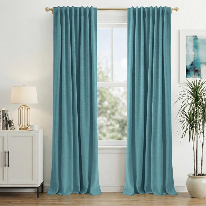 INOVADAY 100% Blackout Curtains 96 Inches Length 2 Panels Set, Back Tab/Rod Pocket Linen Black Out Curtains for Bedroom, Thermal Insulated Window Drapes - Teal, W50 X L96