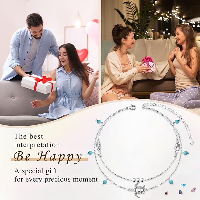 Flyow Anklet for Women S925 Sterling Silver Adjustable Foot Beaded Heart Charm Ankle Bracelet Anklets Jewelry