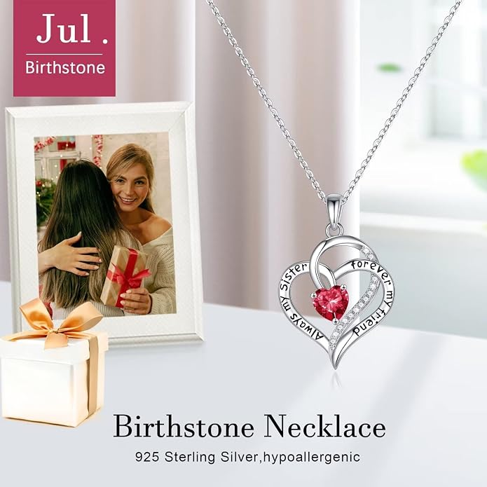 Iefil Gifts for Sister - 925 Sterling Silver Birthstone Necklace Sisters Jewelry