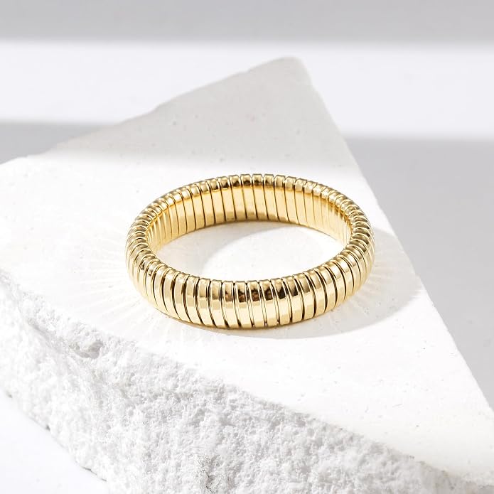 CIUNOFOR 14K Gold Plated Statement Rings, Stainless Steel Stackable Band Ring for Women, 0.2" Wide, Fit Size 6 to 9