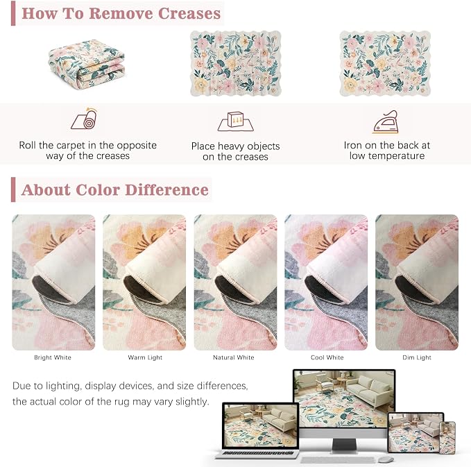 DCX Pink Floral Rug 5x7, Washable Pink Rug for Living Room, Kid & Pet Friendly with Rubber Back Non Slip, Soft Low Pile Carpet, Stain Resistant Rug for Bedroom, Nursery, Dining Room