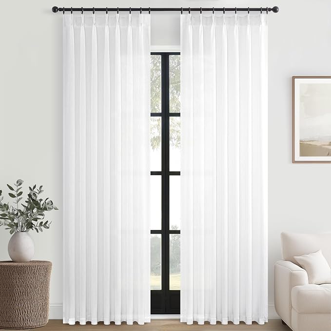 Topfinel Pinch Pleated 92 Inch Curtains 2 Panels for Living Room White Linen Curtains 92 Inches Long Pinch Pleat Drapes for Track System Light Filtering Semi Sheer Curtains for Dining Bedroom Office
