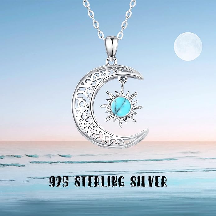 TRISHULA Moon Star Necklace, 925 Sterling Silver Crescent Moon Sun Pendant with Moonstone Crescent Jewelry Gift for Her Sister Birthday Christmas