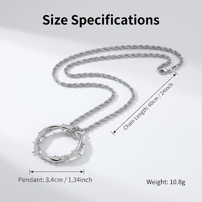 Men's Thorn Crown Necklace, 18K Gold & 925 Silver Plated Brass, 5A CZ Pendant, 24" Rope Chain, Retro Hip Hop Street Jewelry, Unisex Gift for Women