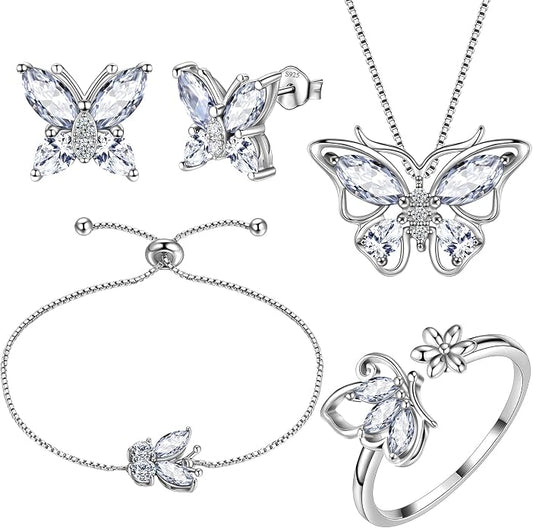 Aurora Tears Butterfly Jewelry,Women 925 Sterling Silver Butterflies Birthstone Pendant Necklace/Earrings/Rings Wedding Gift