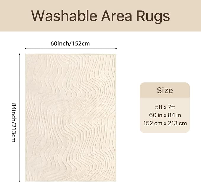 GENIMO Soft Washable Area Rugs 5x7, 3D Modern Wave Textured Rugs for Living Room, High-Low Pile Non Slip Fuzzy Carpet, Non-Shedding Stain Resistant Thin Beige Rugs for Bedroom, Dining Room, Nursery