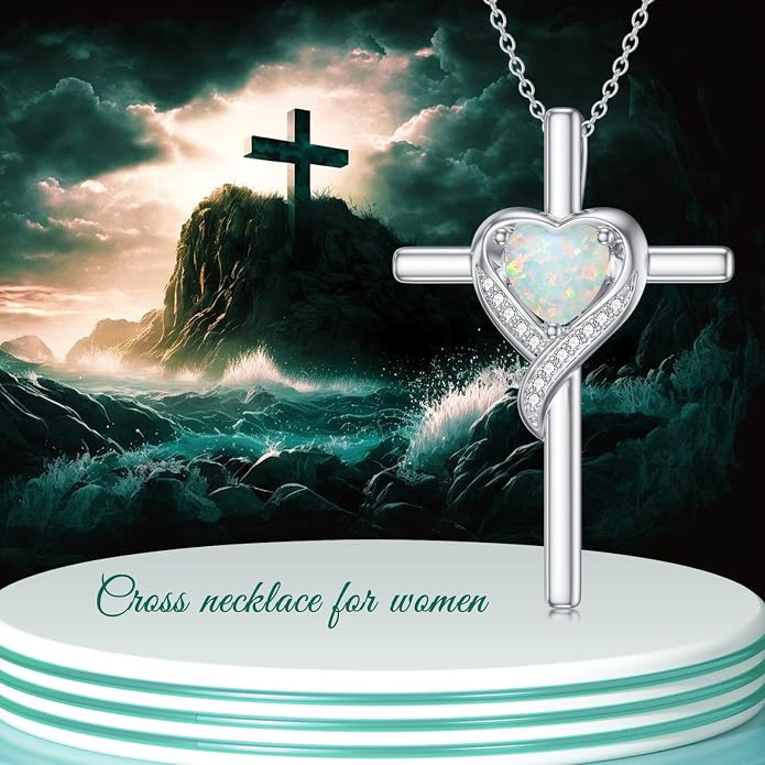 TOUPOP Birthstone Cross Necklace for Women 925 Sterling Silver Heart Cross Pendant Necklace Mothers Day Birthday Jewelry Gifts for Mom Wife Her