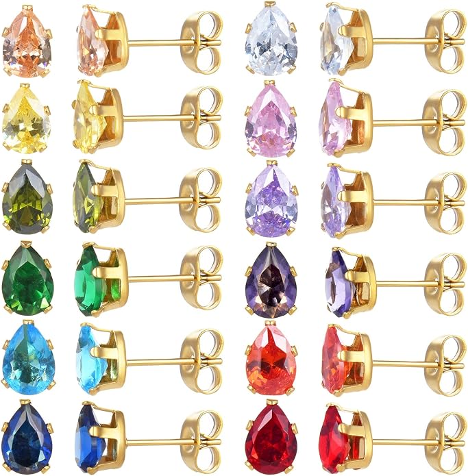 12 Pairs Surgical Stainless Steel Stud Earring Round Heart Star Square Cubic Zirconia Birthstone Stud Earrings Set for Women