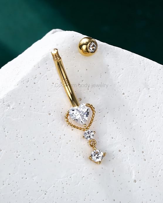 COCHARM 10k Yellow Gold Belly Button Rings Dangling 14G Heart Gold Belly Rings for Women Clear CZ Gold Belly Navel Piercing Jewelry