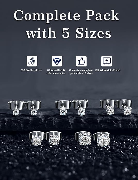 5 Pairs Moissanite Sterling Silver Stud Earrings Set for Women, Hypoallergenic, 2mm, 3mm, 4mm, 5mm